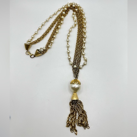 Vintage Pakula Faux Pearl/ Gold Tone Chain Necklace - Picture 1 of 2